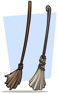Çizgi film Süpürge Süpürge ve toz vektör Icon set