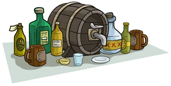 Desenhos animados garrafas de barril de madeira e canecas para álcool — Vetor de Stock
