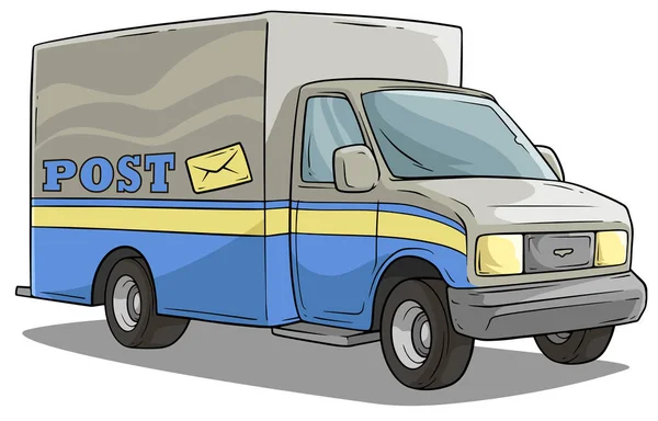 Kreskówka Towarowego Transportu Post Dostawy Cargo Ciężarówka Etykietą Białym Tle — Wektor stockowy