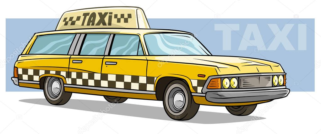 Cartoon yellow retro taxi car vector icon