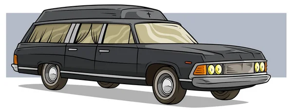 Caricatura Negro Viejo Largo Coche Fúnebre Clásico Cruz Cortinas Con — Vector de stock