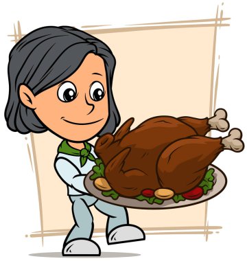 Çizgi film beyaz sevimli ayakta düz esmer kız karakter holding Şükran günü hindisi gümüş tepsi üzerinde kızarmış. Vektör simgesi.