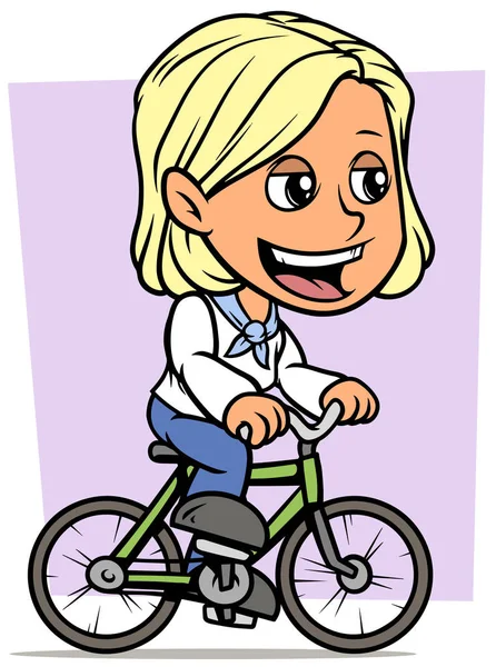 卡通白色可爱的微笑平的金发女孩字符骑在绿色自行车上的紫罗兰色背景 矢量图标 — 图库矢量图片