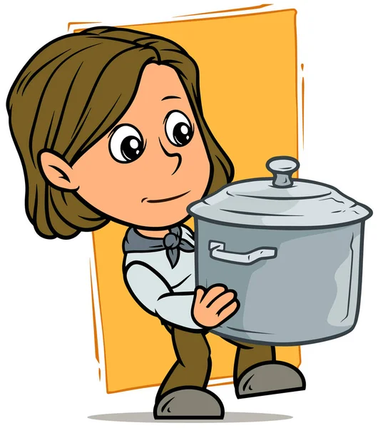 卡通白色可爱站立平黑发滑稽的女孩字符举行灰色金属烹饪锅在黄色背景 矢量图标 — 图库矢量图片