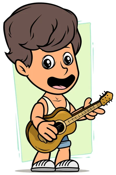 Personaje de niño de dibujos animados con guitarra acústica de madera — Archivo Imágenes Vectoriales