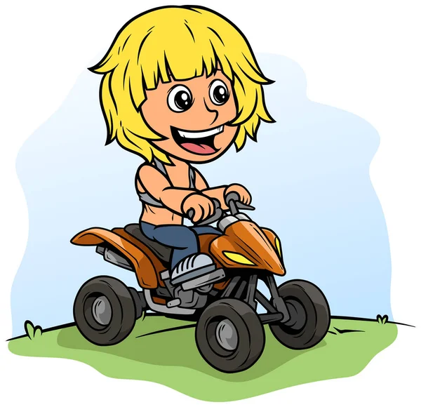 Cartoon boy character driving quad motorbike — Stock Vector