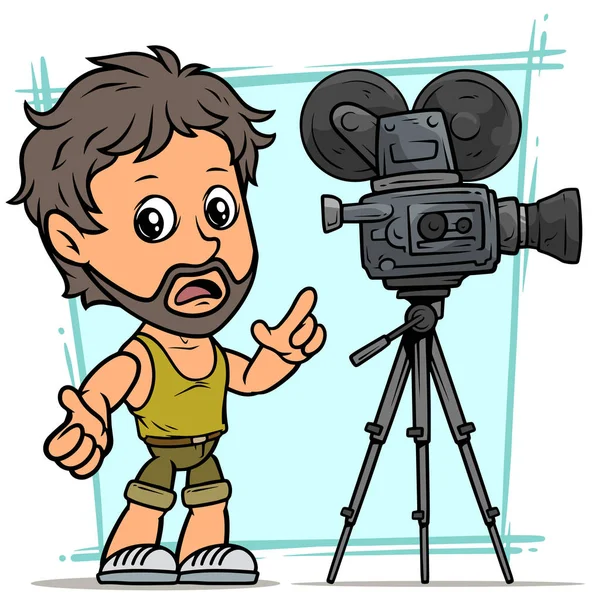 动画片长胡子的男孩字符与电影摄影机 — 图库矢量图片
