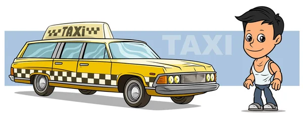 Personaje de niño de dibujos animados con coche de taxi retro amarillo — Vector de stock