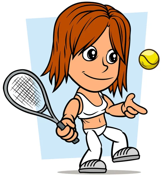 Personaje de chica de dibujos animados con raqueta de tenis y pelota — Archivo Imágenes Vectoriales