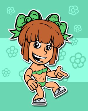 Deniz mili ile yeşil yüzme elbiseli kız karakter dans çizgi film beyaz sevimli düz esmer. Çiçekli yeşil arka plan üzerinde. Vektör simgesi.