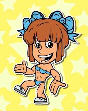 Çizgi film beyaz sevimli düz esmer kız karakter mavi deniz mili takım elbise yüzme dans. Yıldız ile sarı arka plan üzerinde. Vektör simgesi.