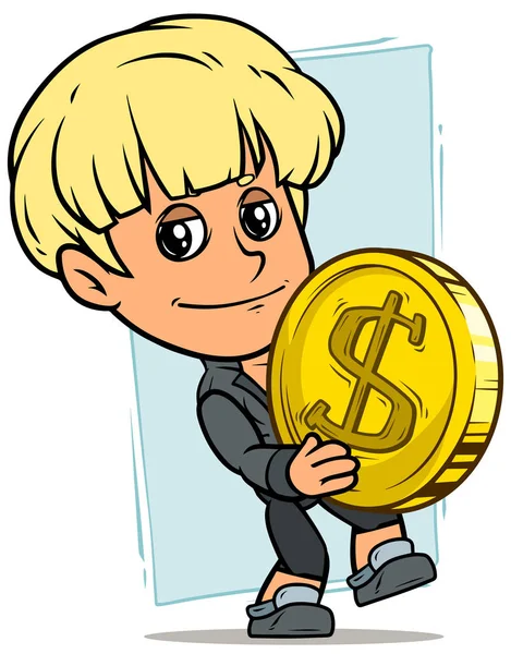 Мультяшна Мила Біла Усміхнена Блондинка Хлопчик Тримає Жовту Золоту Монету — стоковий вектор