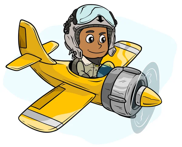 黄色のレトロな飛行機で飛んで保護用のヘルメットでかわいいフラットひげを生やしたパイロット少年キャラクターを漫画します 青い背景 ベクトルのアイコン — ストックベクタ