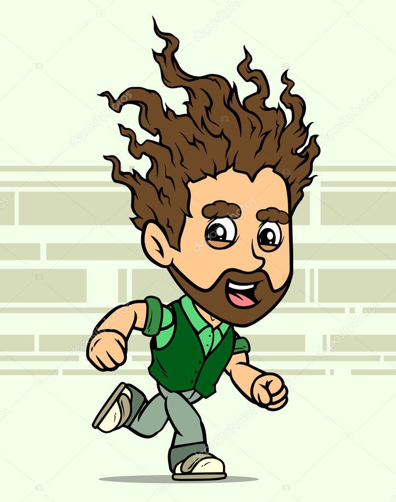 Cartoon white cute flat running long haired bearded boy character. On green background with lines. Vector icon.