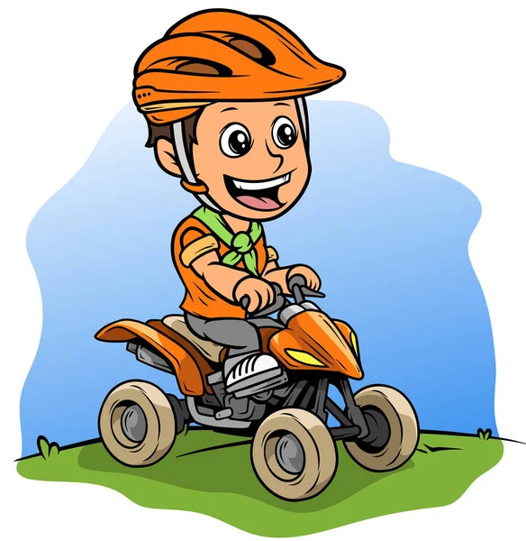 Cartoon White Cute Smiling Flat Brunette Boy Character Driving Road — Stock Vector