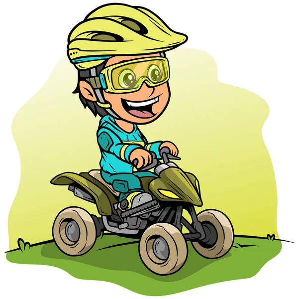 卡通白色可爱的微笑平黑发女孩字符驾驶越野四摩托车在防护头盔和眼镜 在黄色背景上 矢量图标 — 图库矢量图片