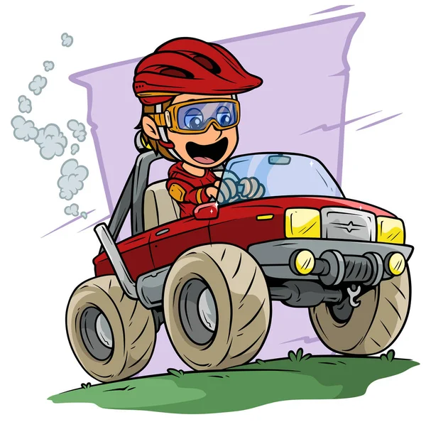 卡通白色可爱的微笑平黑发男孩字符驾驶大红色越野怪物卡车在防护头盔和眼镜 在紫罗兰色的背景 矢量图标 — 图库矢量图片