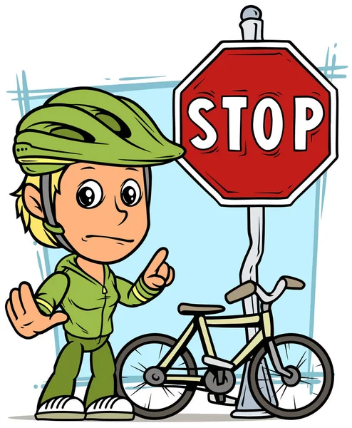 动画片白色可爱站立的平的金发女孩字符在防护头盔与自行车和红色停止交通标志在钢杆 在蓝色背景上 矢量图标 — 图库矢量图片