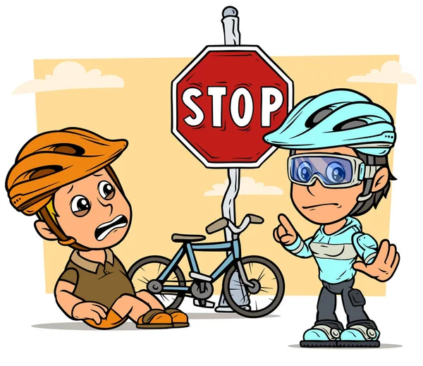动画片白色可爱哭泣平的肥胖男孩和女孩字符在防护头盔与自行车和红色停止交通标志 在黄色背景上 矢量图标 — 图库矢量图片