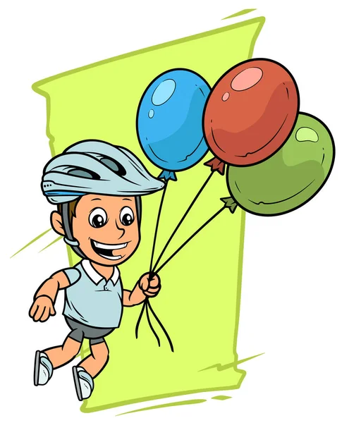 卡通白色可爱的微笑平脂肪男孩字符飞行在彩色气球上的防护头盔 在绿色背景上 矢量图标 — 图库矢量图片