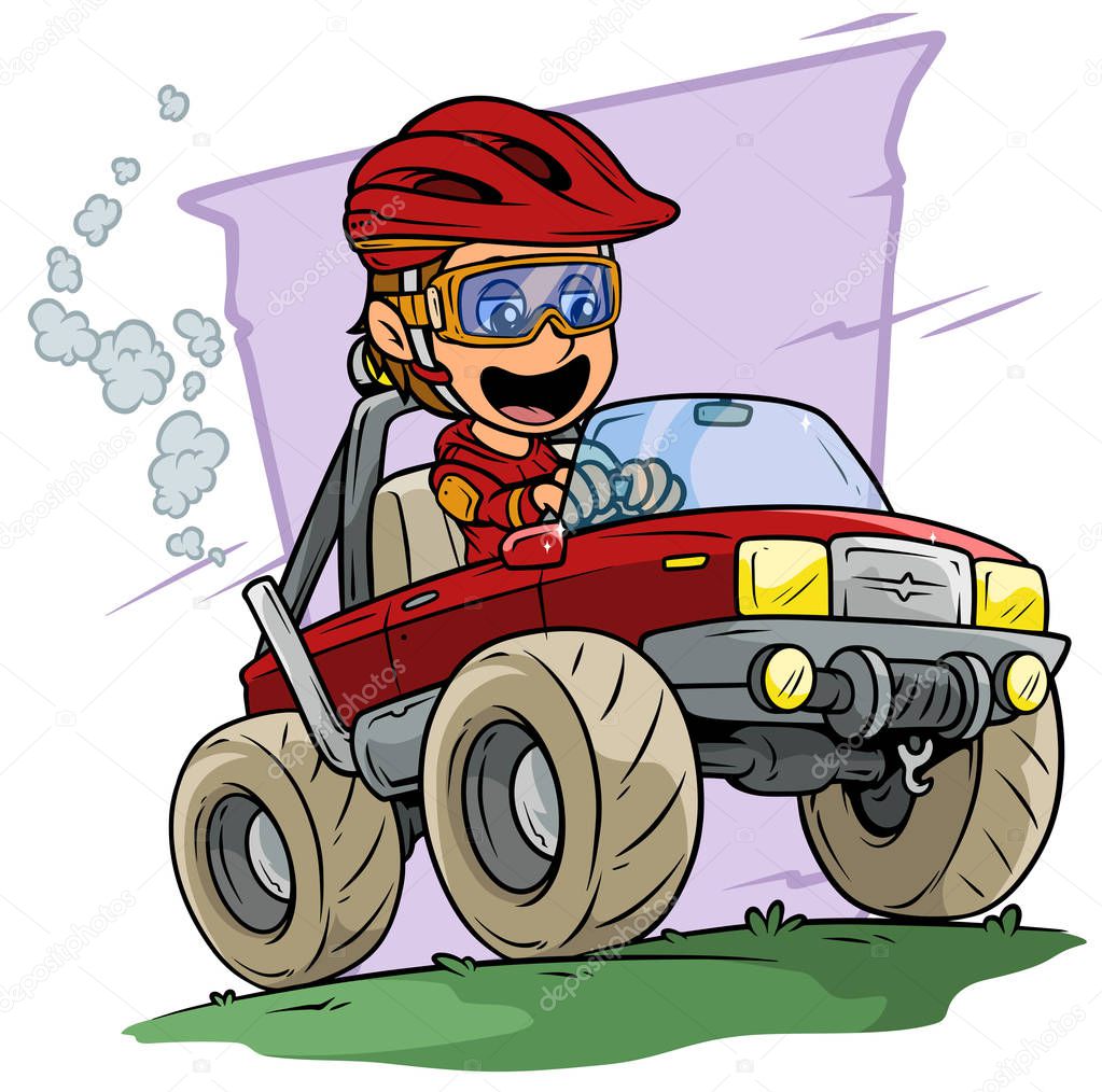 Cartoon white cute smiling flat brunette boy character driving big red off road monster truck in protective helmet and glasses. On violet background. Vector icon.