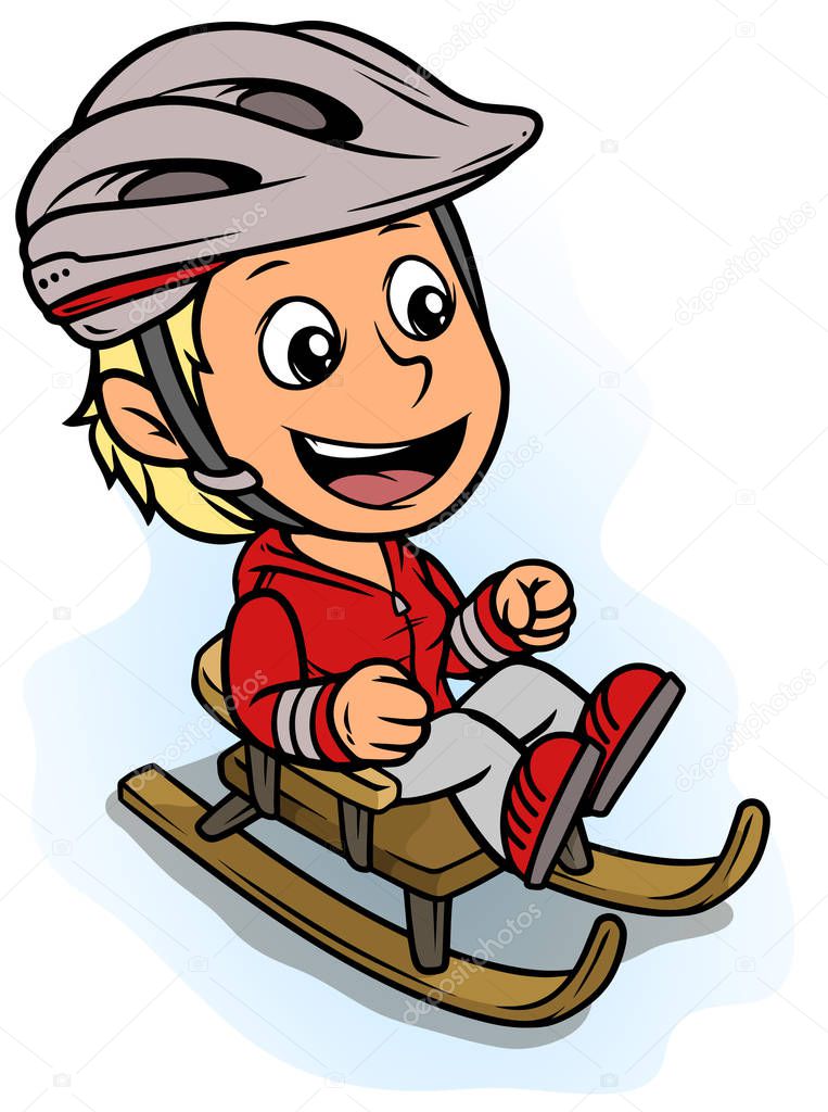 Cartoon white cute smiling flat blonde girl character riding on wooden brown sledge in protective helmet. Isolated on white background. Vector icon.