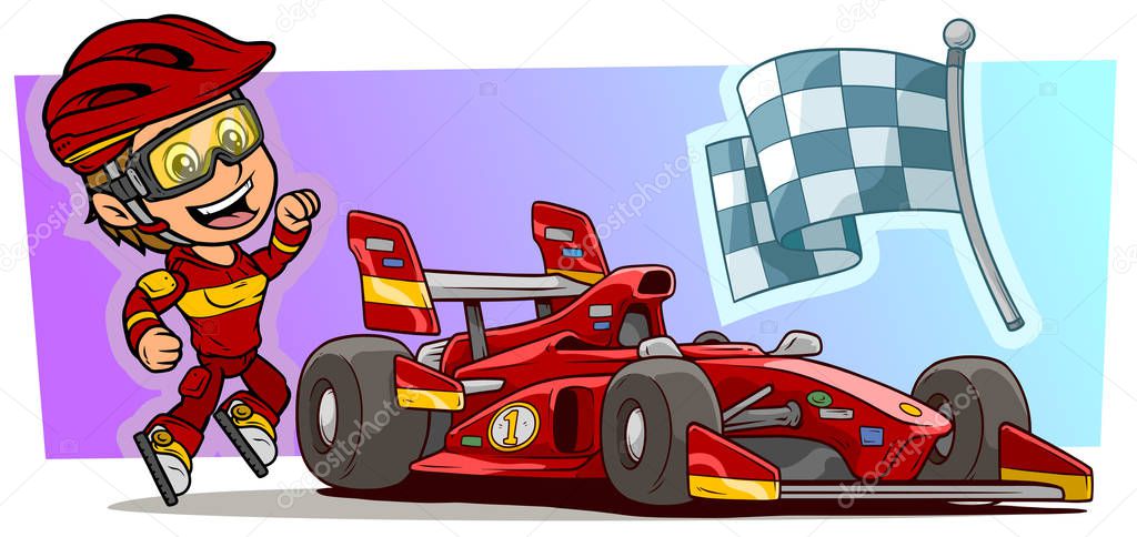 Cartoon white cute smiling flat jumping girl character with modern red sport car, cool stickers and racing flag in protective helmet and glasses. Vector icon.