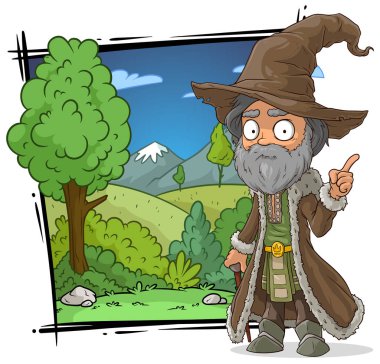 Çizgi film ortaçağ eski Sihirbazı karakteri doğa manzara arka plan üzerinde büyük şapka ile