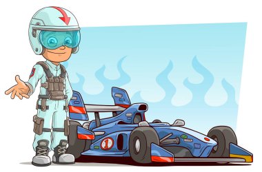 Cartoon racer character in protective helmet with modern blue sport car with stickers on fire background. clipart