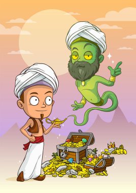 Çizgi film yeşil cinler ve Arap çocuk karakteri ile elmas, altın ve mücevher lamba ve hazine sandığı sakallı. Mor Dağları arka plan üzerinde.
