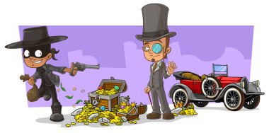 Karikatür soyguncu maskesi ile silah ve retro araba ile akıllı adam karakter ve hazine sandığı Pırlantalı altın sikkeler ve mücevher. Şehir arka plan üzerinde.