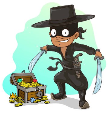 Siyah maske anf şapka kılıçlı, elmas, altın ve değerli taşlar ile tabanca ve hazine sandığı karakter karikatür. Üzerinde mavi arka plan.