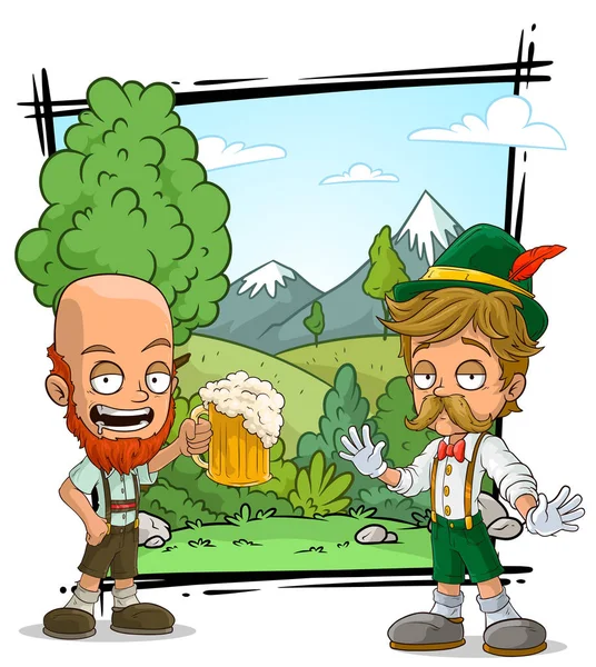 Kartun Berjenggot Karakter Bavarian Dengan Gelas Bir Latar Lanskap Alam - Stok Vektor
