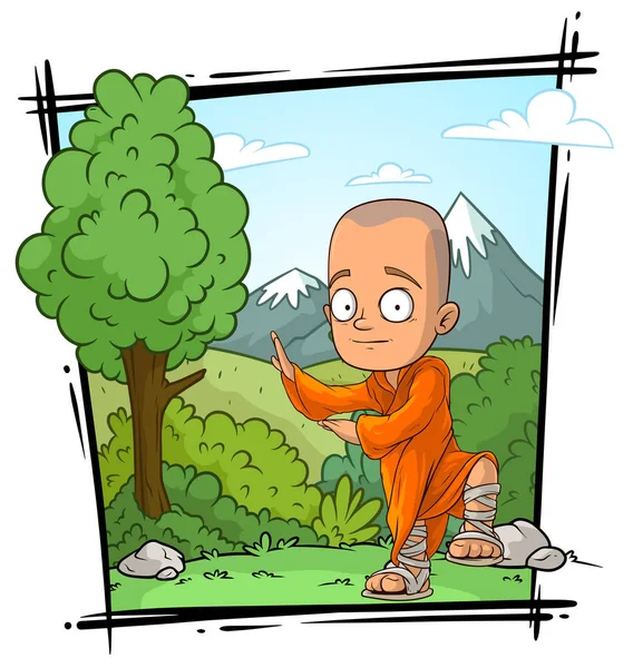 Cartone Animato Calvo Personaggio Monaco Buddista Vestaglia Arancione Sfondo Paesaggio — Vettoriale Stock