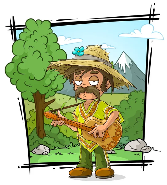 Desenhos Animados Personagem Agricultor Poncho Chapéu Palha Com Guitarra Fundo — Vetor de Stock