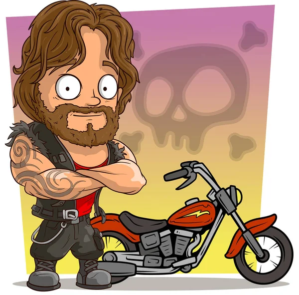 Personaje Motorista Fuerte Dibujos Animados Con Moto Roja Fondo Del — Archivo Imágenes Vectoriales