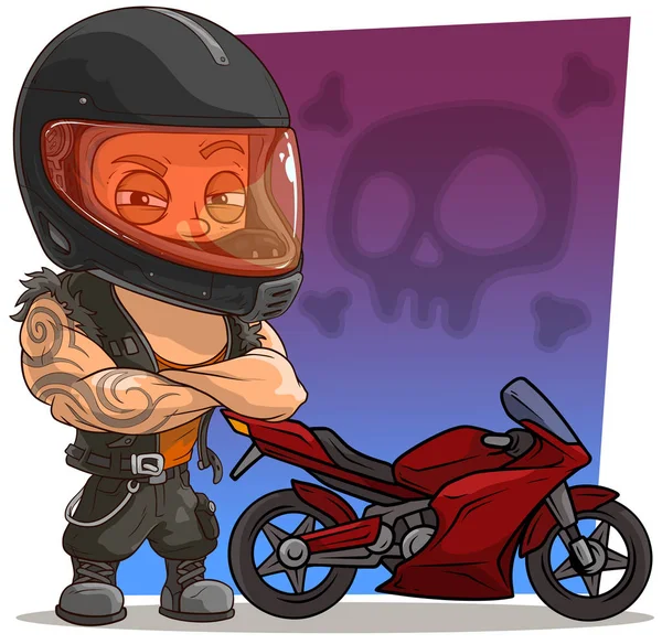 Personaje Motorista Fuerte Dibujos Animados Casco Protector Con Moto Roja — Vector de stock