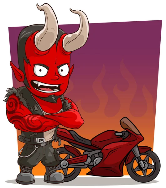 Dessin Animé Fort Diable Rouge Daemon Motard Diable Caractère Avec — Image vectorielle