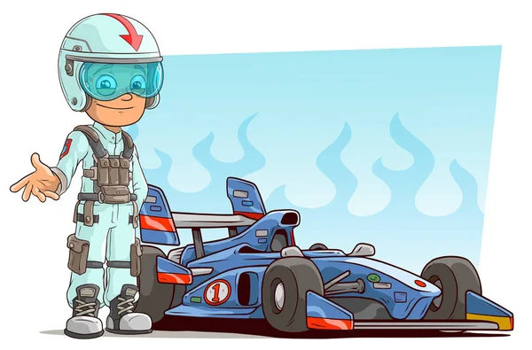 Seriefiguren Racer Skyddande Hjälm Med Moderna Blå Sportbil Med Klistermärken — Stock vektor