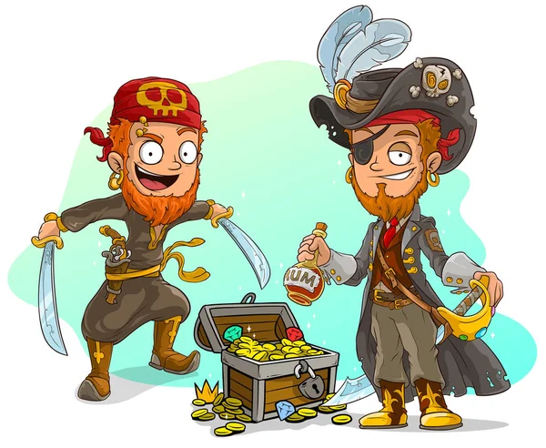 Cartoon Bearded Pirates Character Hat Rum Sword Pistol Treasure Chest — Stock Vector
