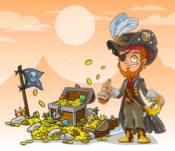 Desenhos Animados Personagem Pirata Barbudo Chapéu Com Rum Espada Baú — Vetor de Stock