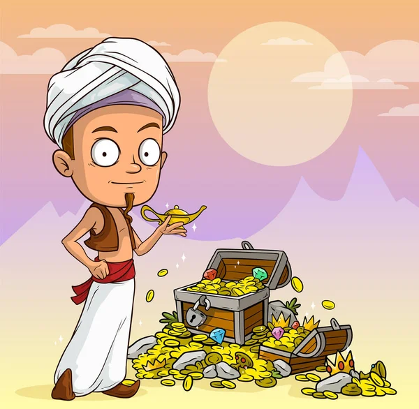Cartoon Arabian Pojke Karaktär Turban Med Lampa Och Treasure Chest — Stock vektor