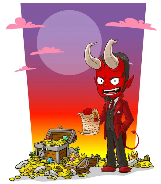 Dibujos Animados Astutamente Malvado Personaje Diablo Rojo Con Contrato Cofre — Archivo Imágenes Vectoriales