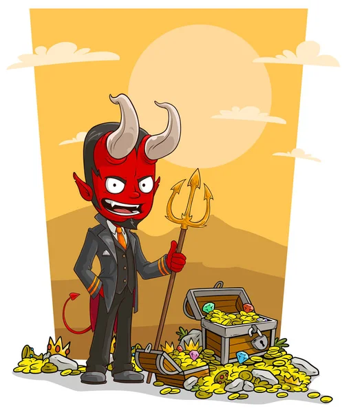 Desenhos Animados Sly Mal Personagem Diabo Vermelho Com Tridente Tesouro — Vetor de Stock