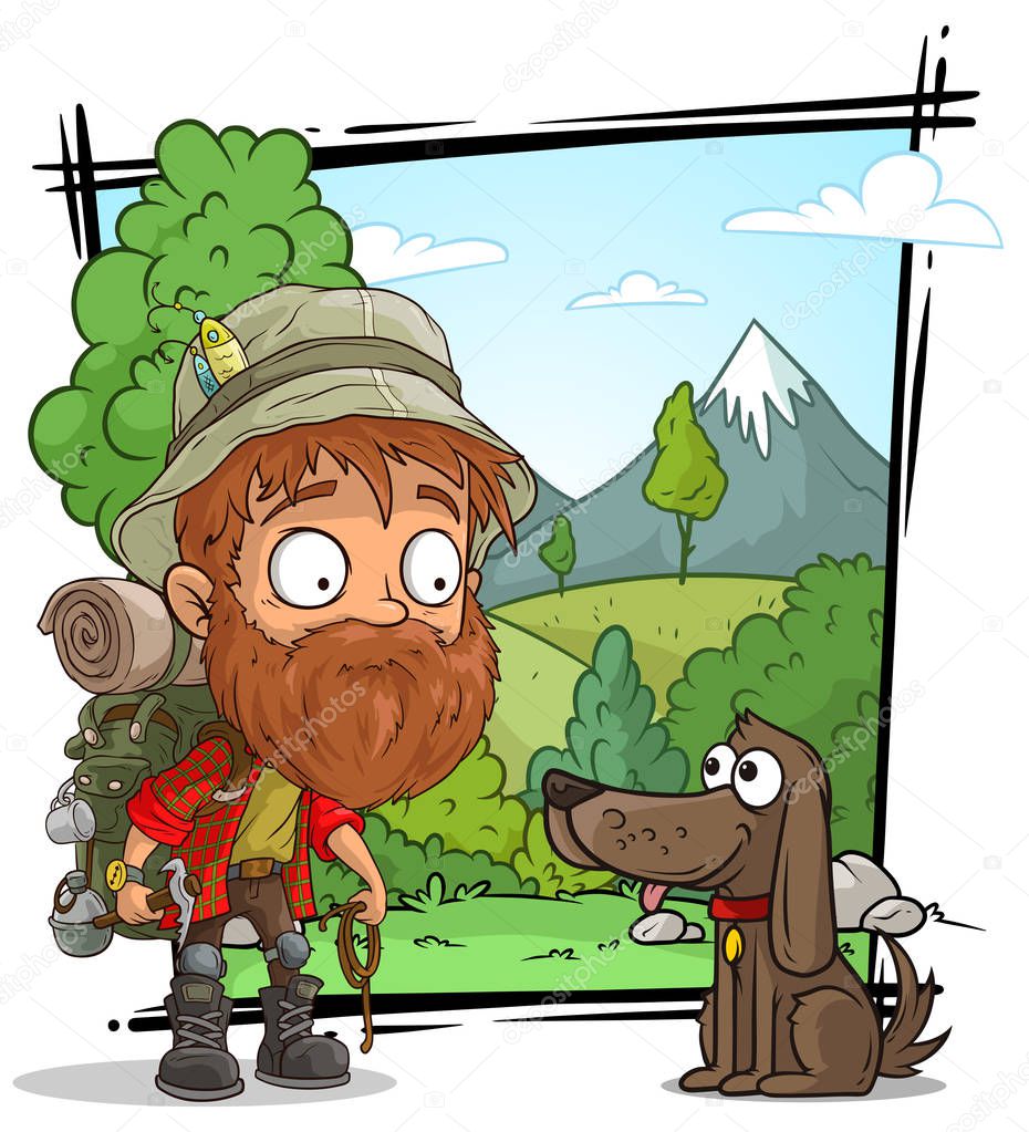 Cartoon bearded tourist traveler character with cute dog on nature landscape background. Vector set.