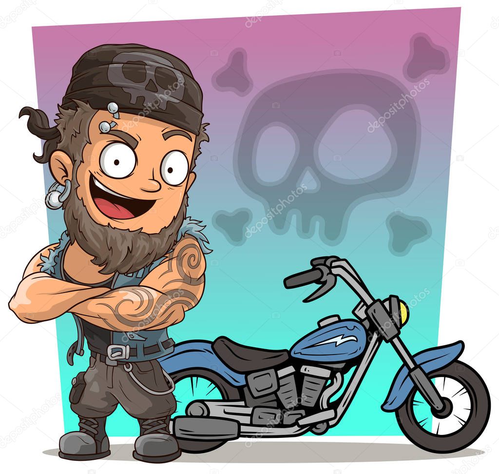 Cartoon strong biker character in bandanna with blue motorbike on skull background.