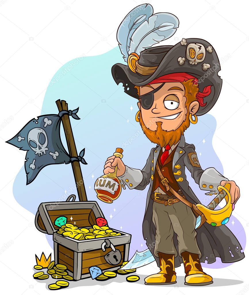 Cartoon bearded pirate character in hat with rum, sword and treasure chest with diamonds, gold coins and black flag. On blue background.
