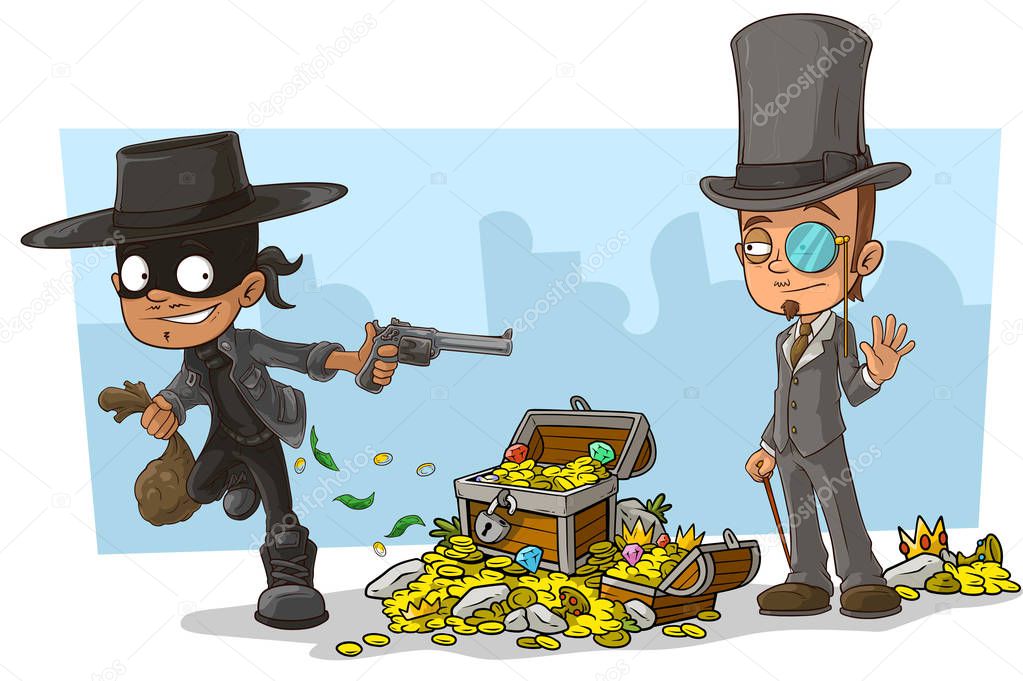 Cartoon robber in mask with gun and intelligent man character and treasure chest with diamonds, gold coins and gems. On city background.