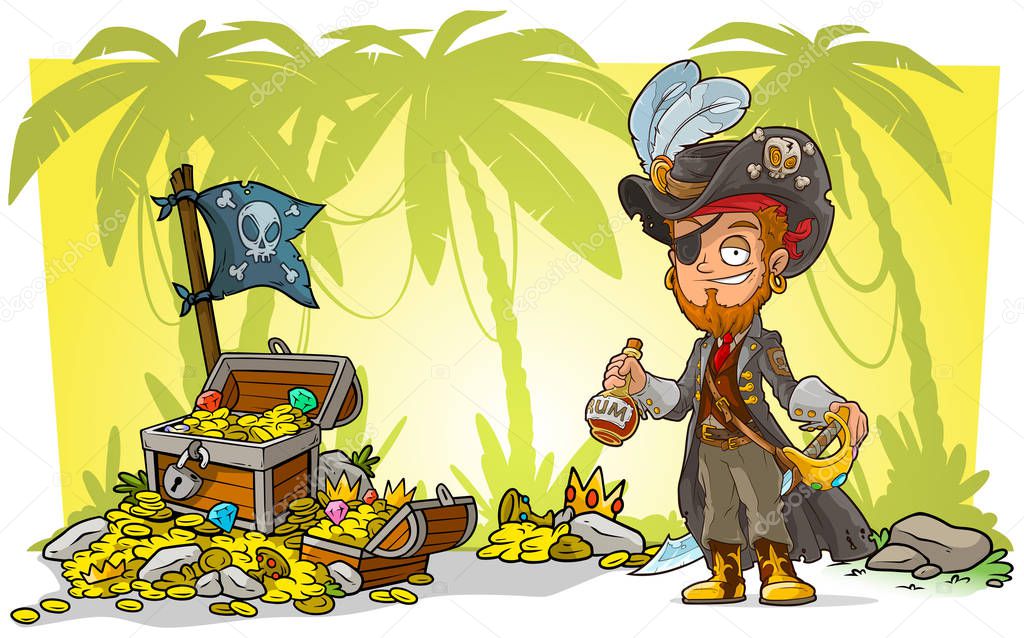 Cartoon bearded pirate character in hat with rum, sword and treasure chest with diamonds, gold coins and black flag. On beach background with palm trees.