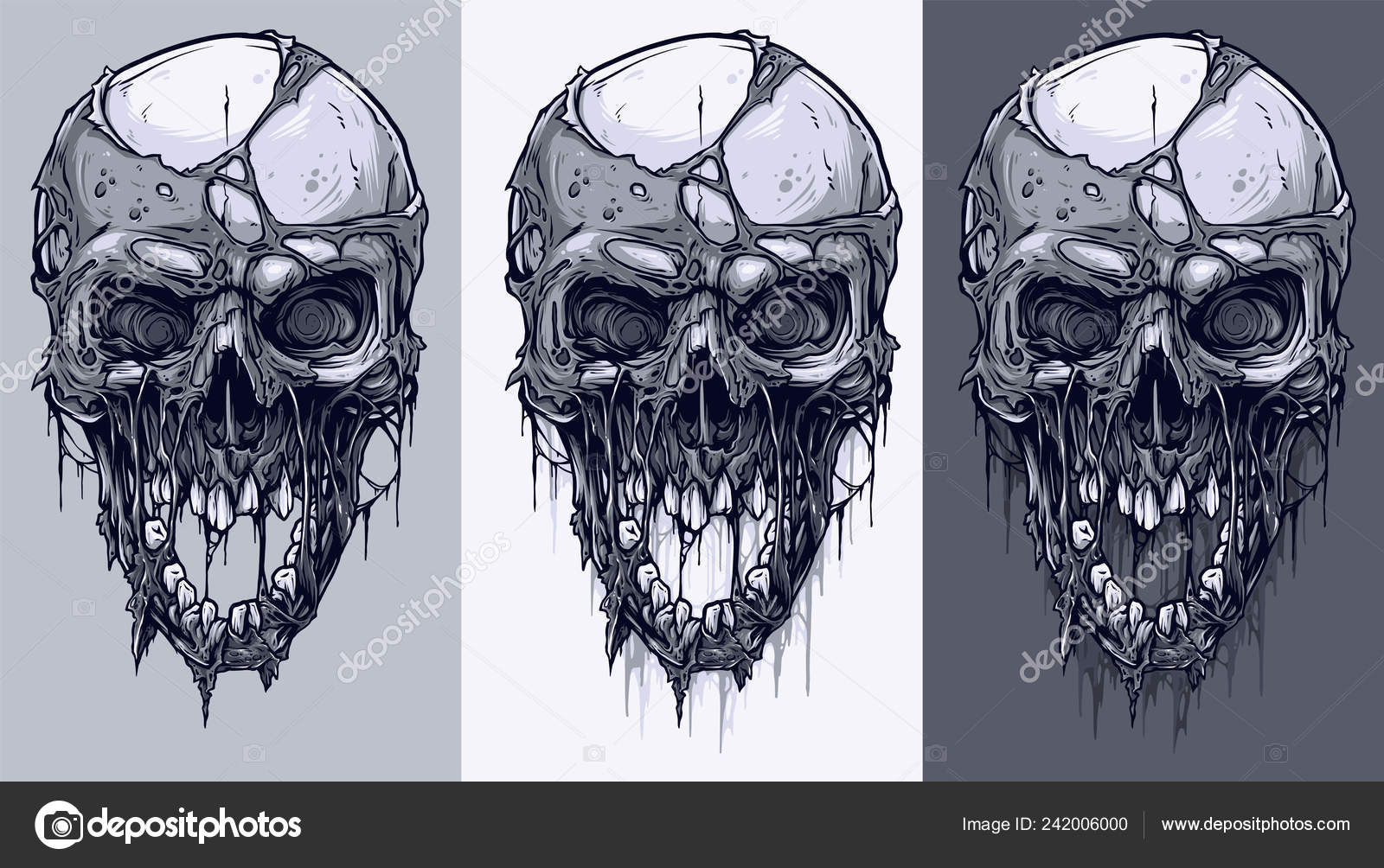 자세한 그래픽 현실적인 흑인과 두개골 끔찍한 조각의 피부와 부러진된 치아를 스톡 벡터 - ©GB_Art 242006000, image size:1600x1004